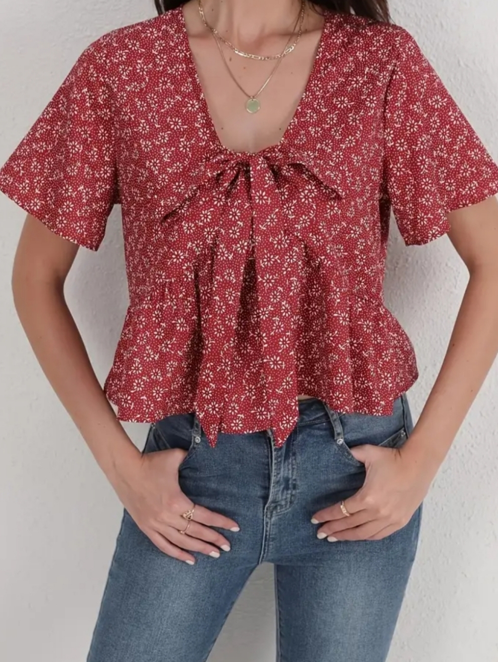 SHEIN Red Floral Tie-Front Peplum Blouse